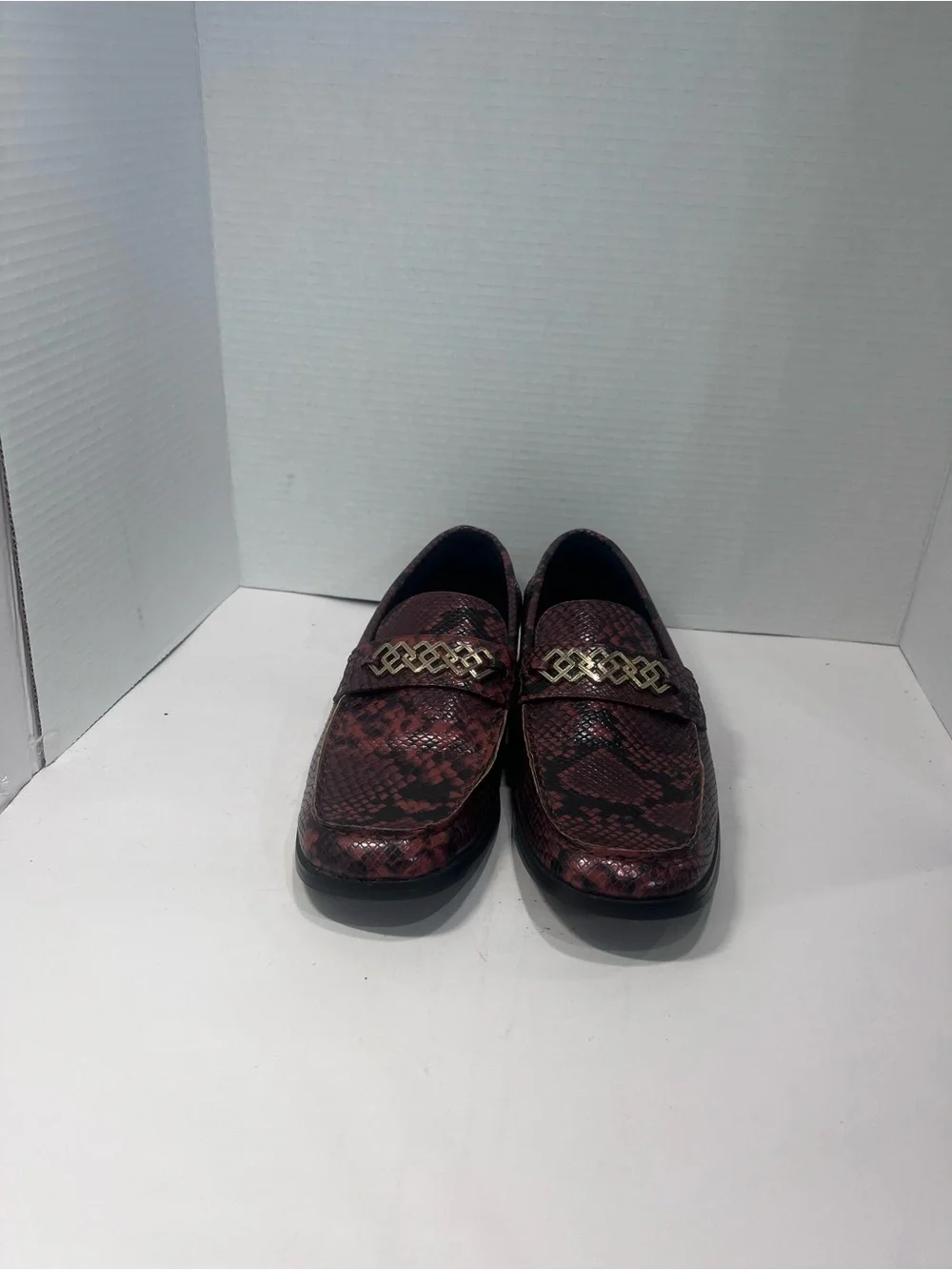 ASOS Burgundy Snake-Print Loafers with Gold Chain